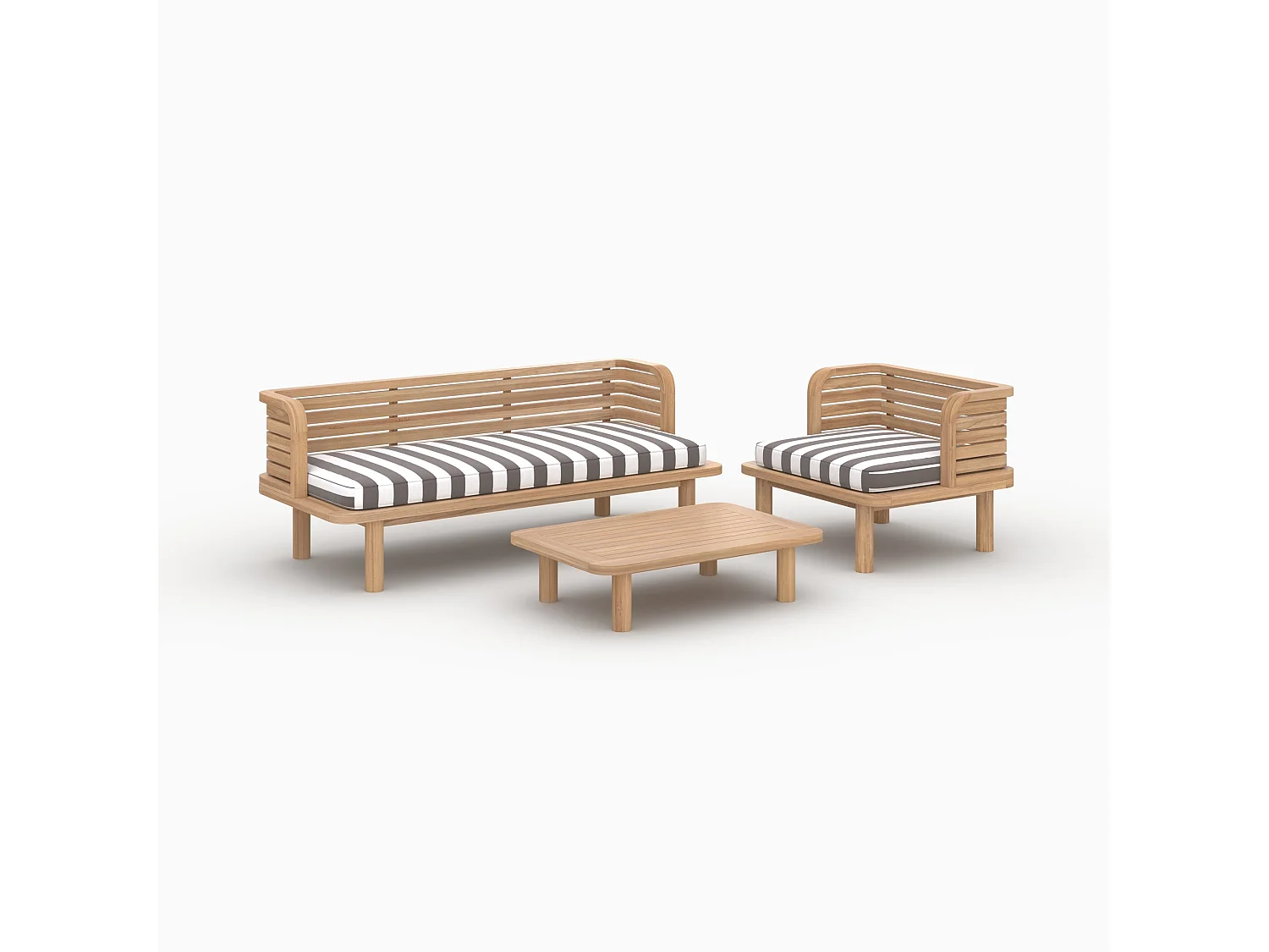 Salon de jardin 3 places en bois de teck et tissu rayé gris - Kilda