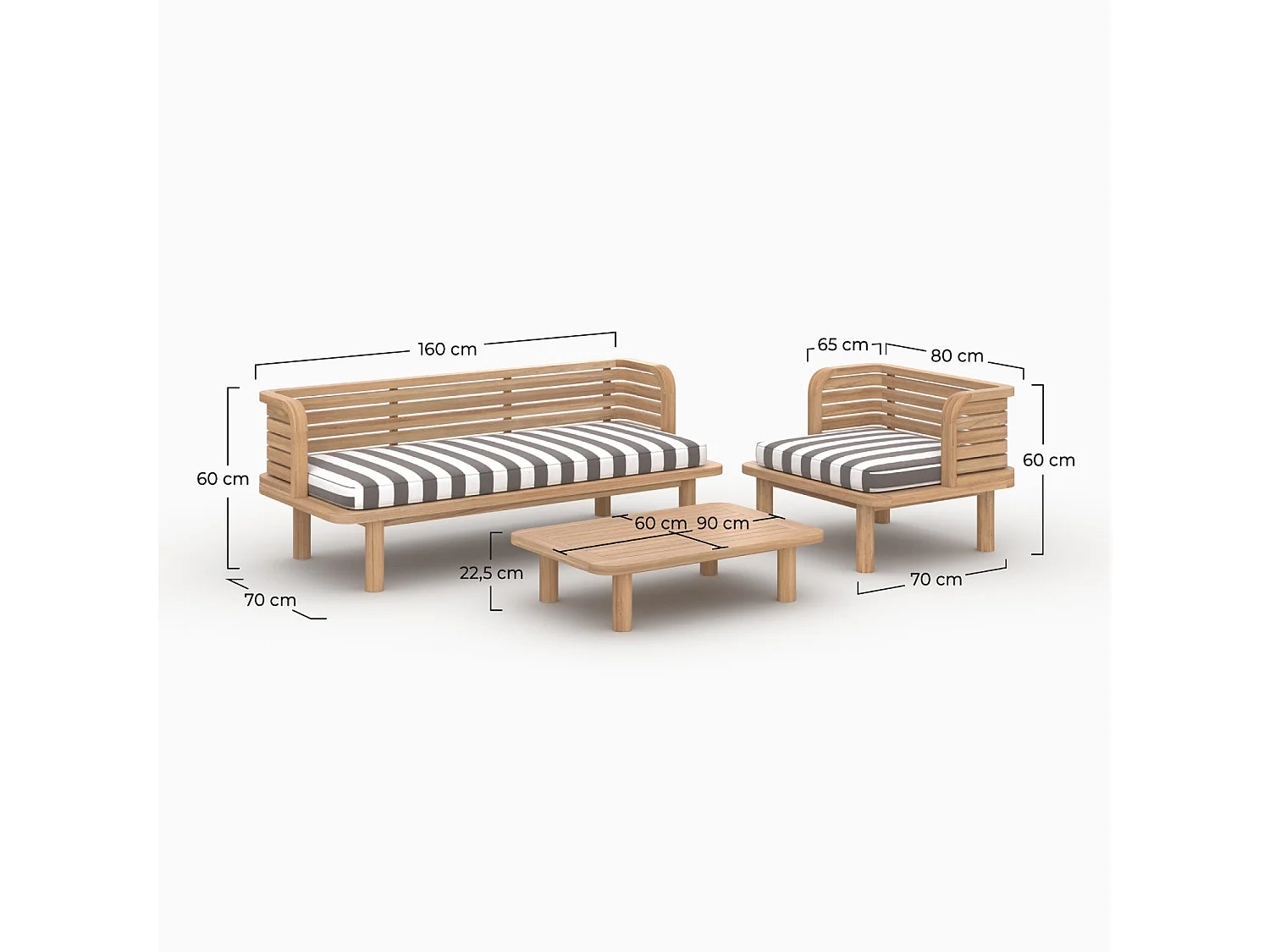 Salon de jardin 3 places en bois de teck et tissu rayé gris - Kilda