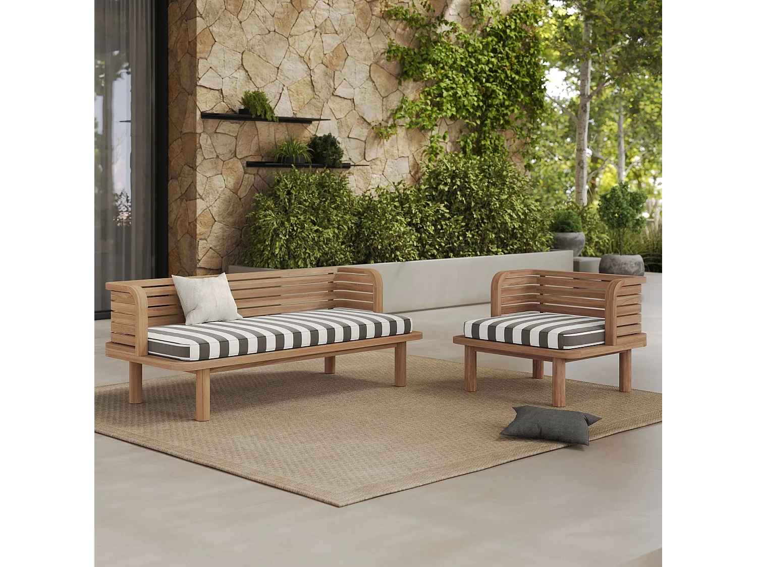 Canapé et fauteuil de jardin 3 places en teck massif, tissu rayé gris - Kilda