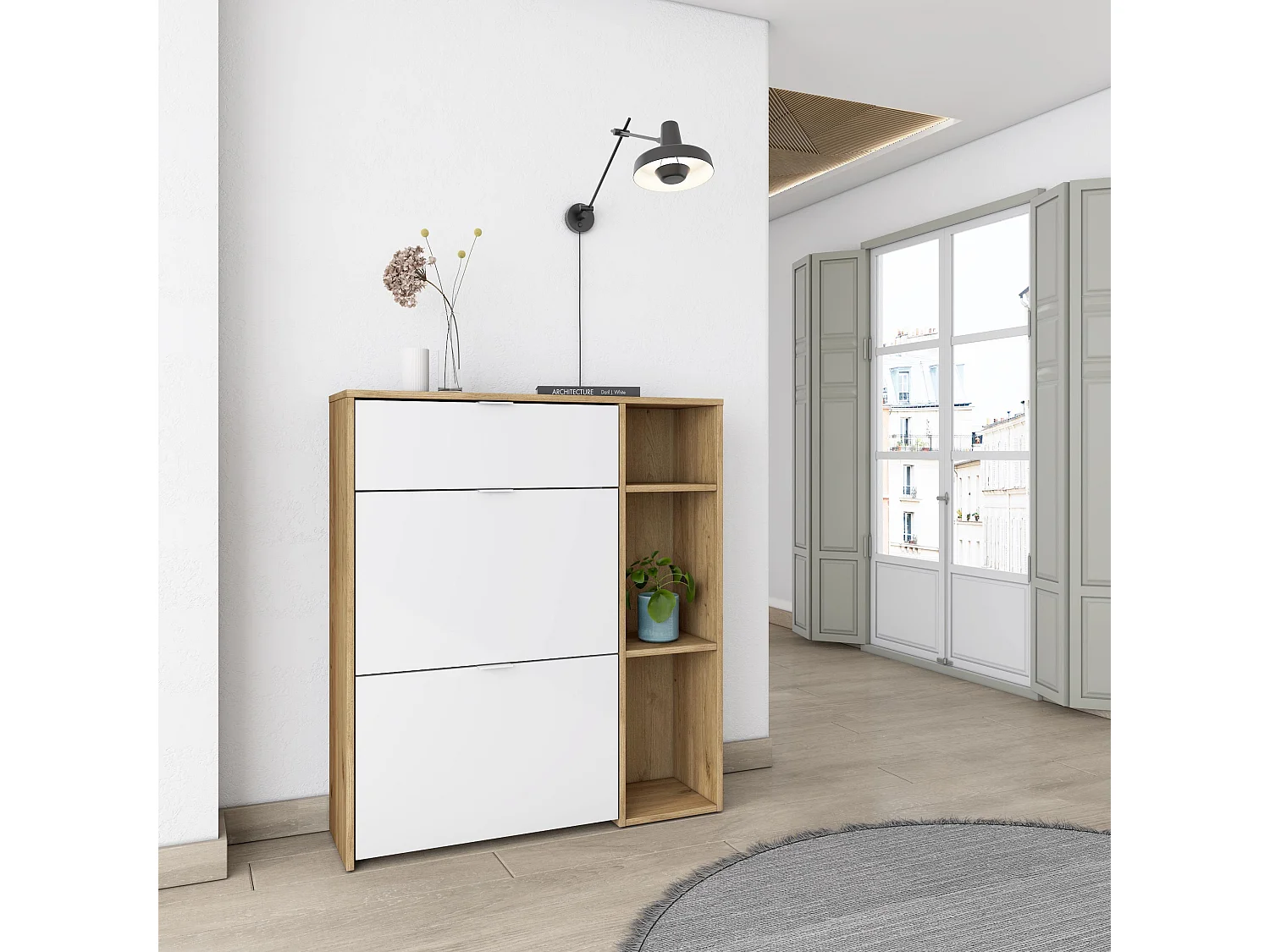 Meuble à Chaussures, 90x102x27 cm, 10 paires de chaussures, Pour Entrée, Chêne et blanc