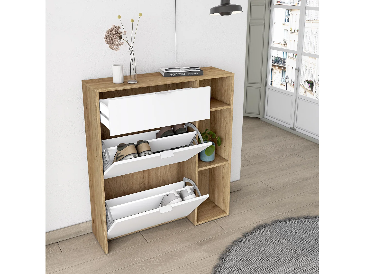 Meuble à Chaussures, 90x102x27 cm, 10 paires de chaussures, Pour Entrée, Chêne et blanc