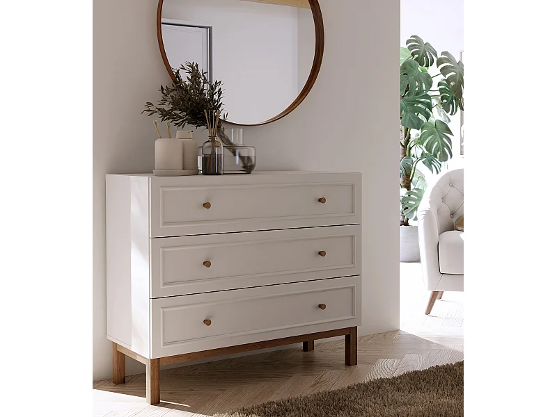 Cómoda de 85x100x42 cm con tiradores de madera en color blanco y roble noble Penki
