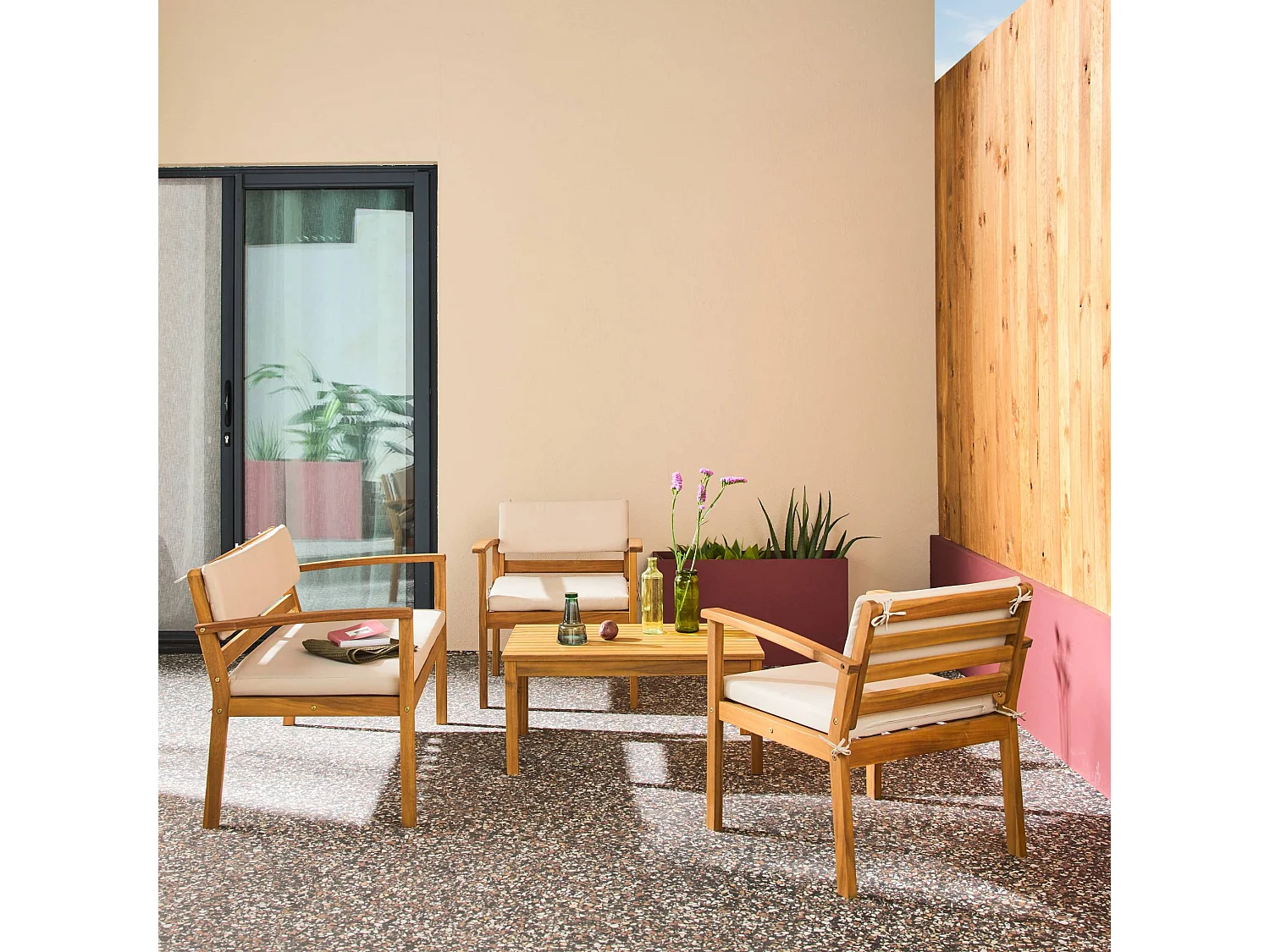 Salotto da giardino in legno di acacia, 4 posti, beige