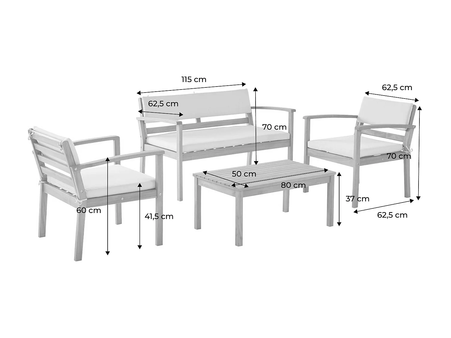 Salotto da giardino in legno di acacia, 4 posti, beige