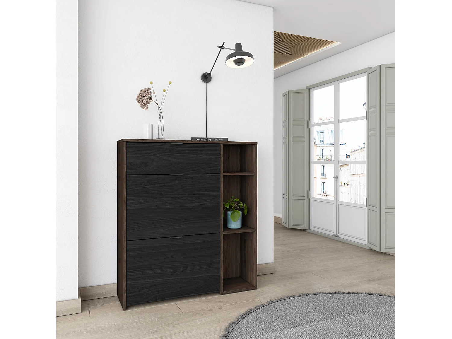 Meuble à Chaussures, 90x102x27 cm, 10 paires de chaussures, Pour Entrée, Chêne foncé et Noir