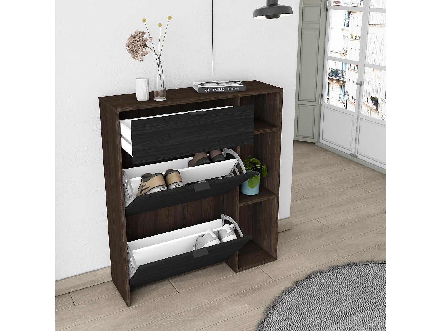Meuble à Chaussures, 90x102x27 cm, 10 paires de chaussures, Pour Entrée, Chêne foncé et Noir