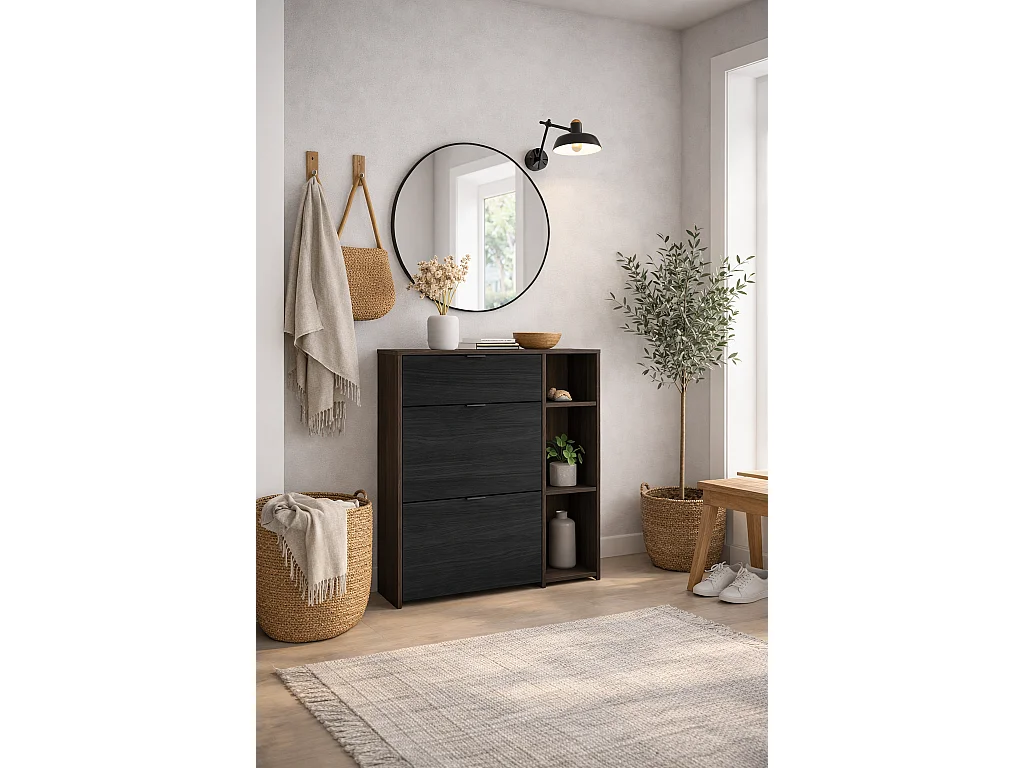 Meuble à Chaussures, 90x102x27 cm, 10 paires de chaussures, Pour Entrée, Chêne foncé et Noir
