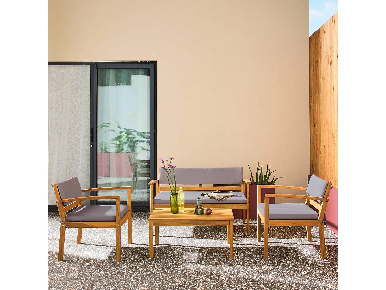 Salotto da giardino in legno di acacia, 4 posti, grigio