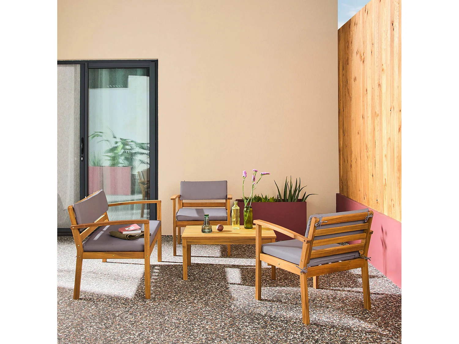 Salotto da giardino in legno di acacia, 4 posti, grigio