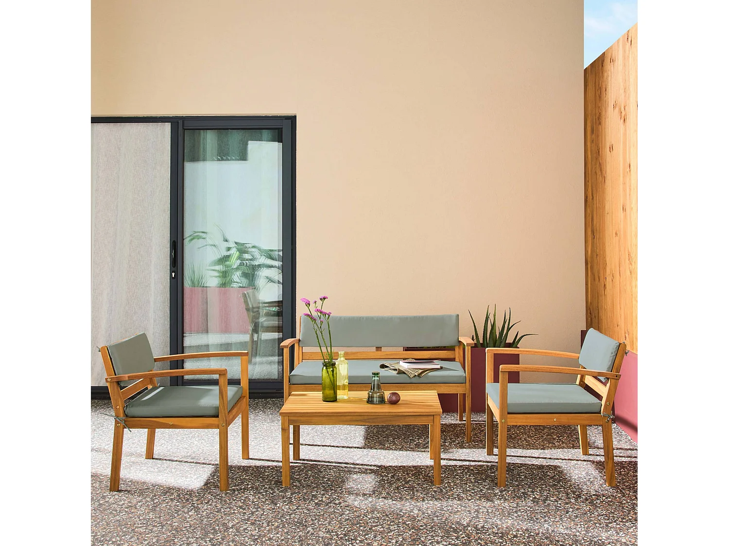 Salotto da giardino in legno di acacia, 4 posti, verde grigio