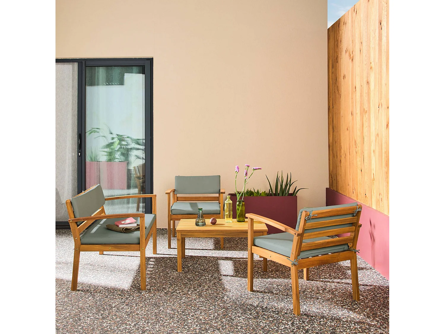 Salotto da giardino in legno di acacia, 4 posti, verde grigio