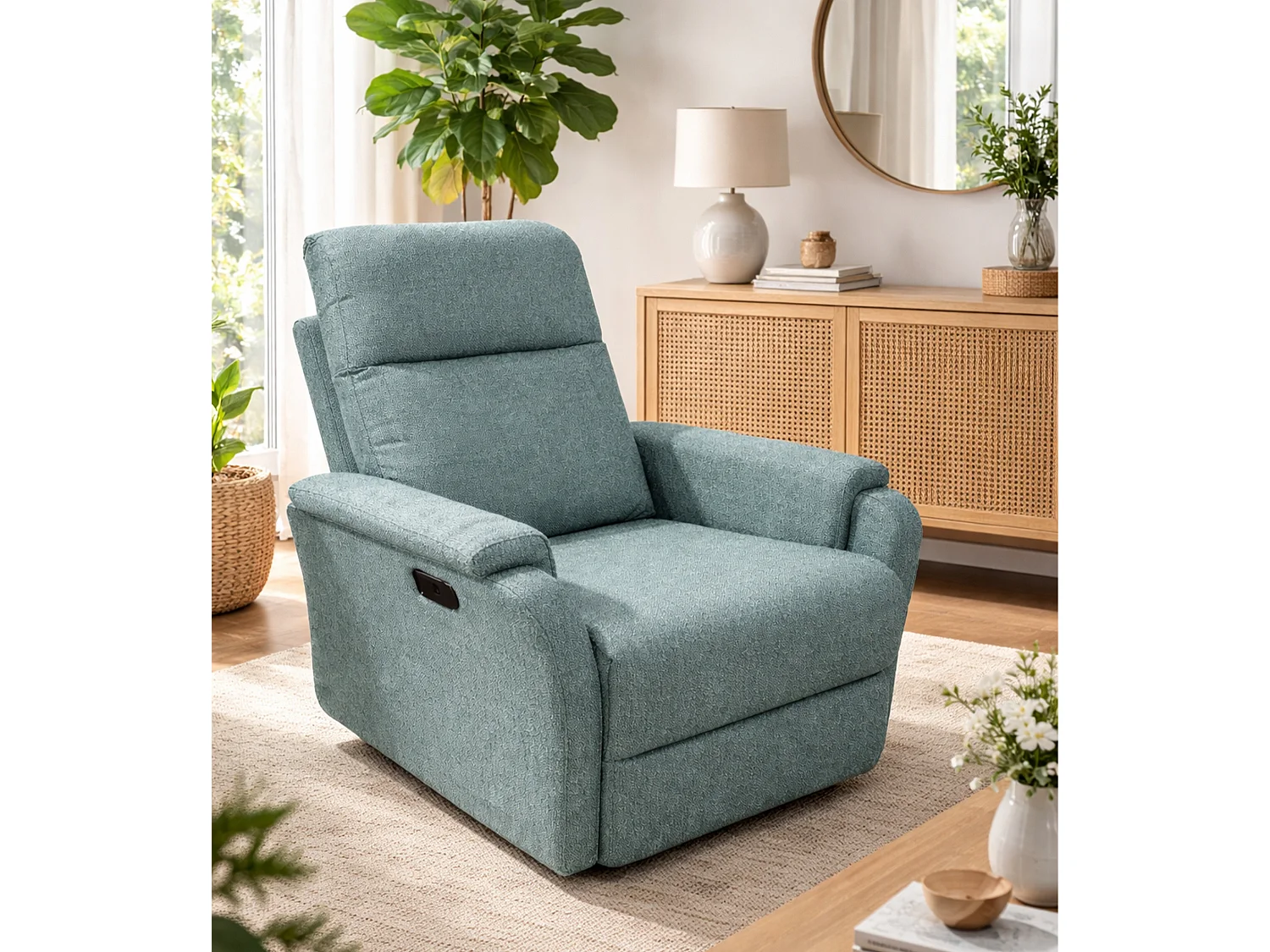 Sillón relax reclinable con sistema de palanca lateral de tela en color azul Roid