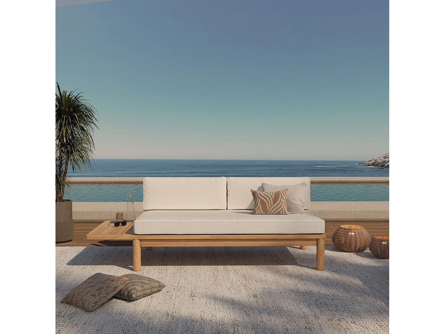 Divano da giardino in teak massiccio e cuscino bianco 2 posti - Nadila