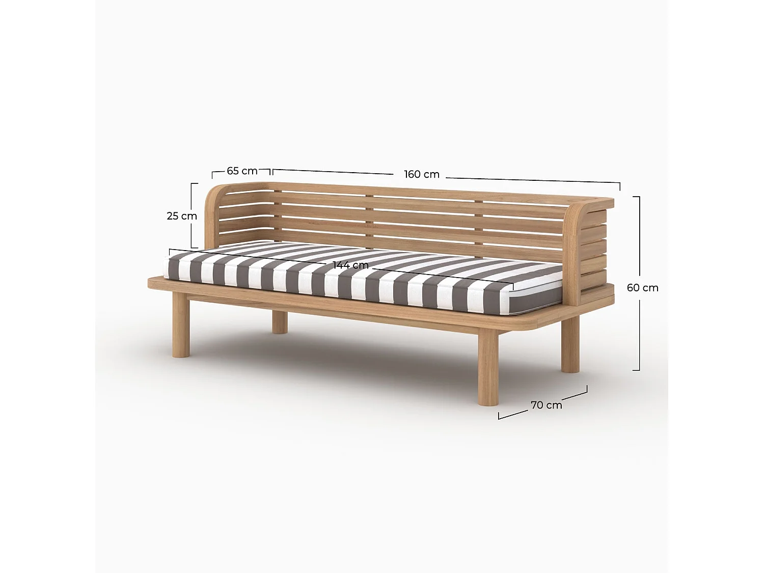 Divano da giardino in teak massello con cuscino a righe grigie 2 posti - Kilda