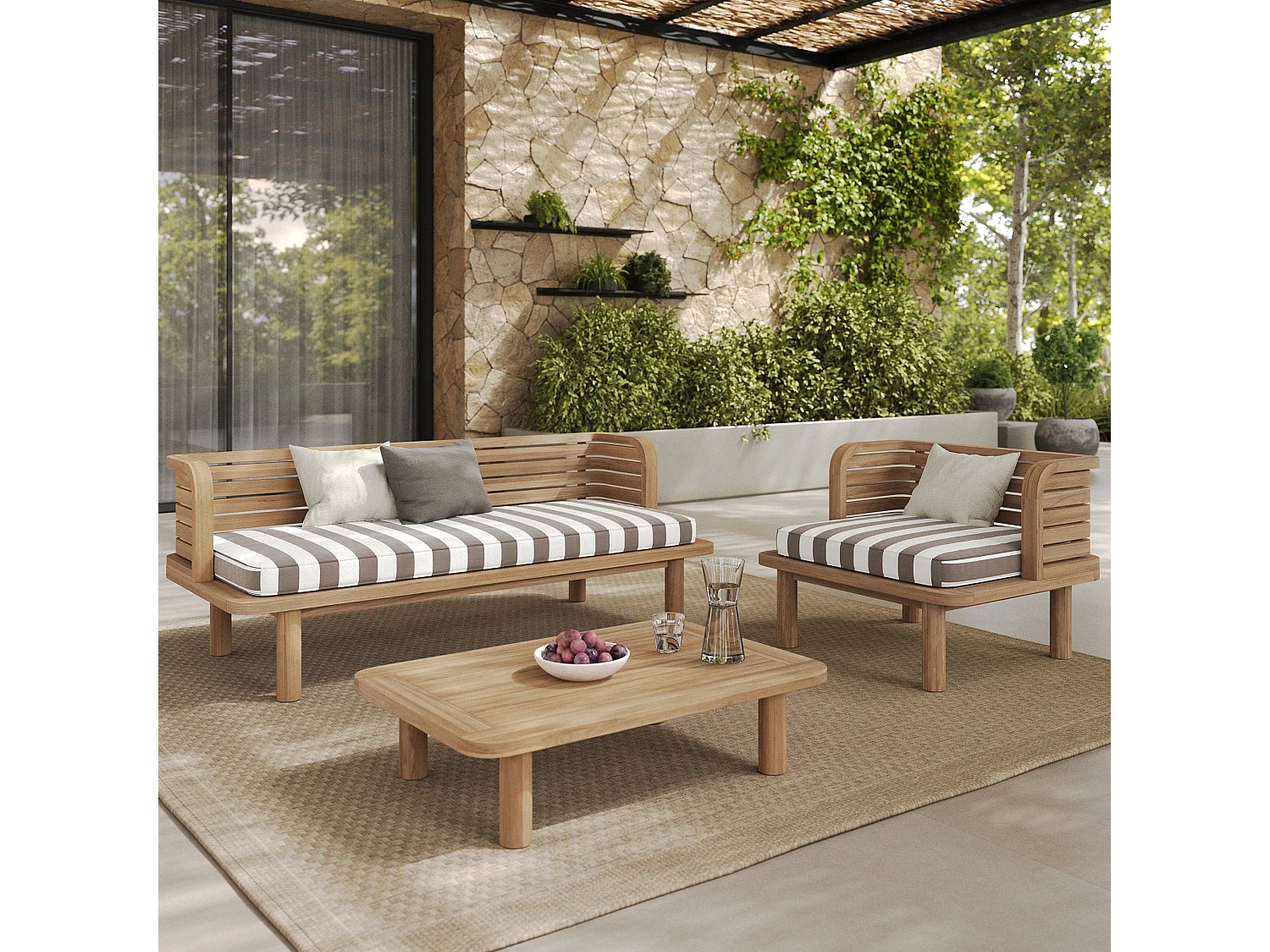 Divano da giardino in teak massello con cuscino a righe grigie 2 posti - Kilda