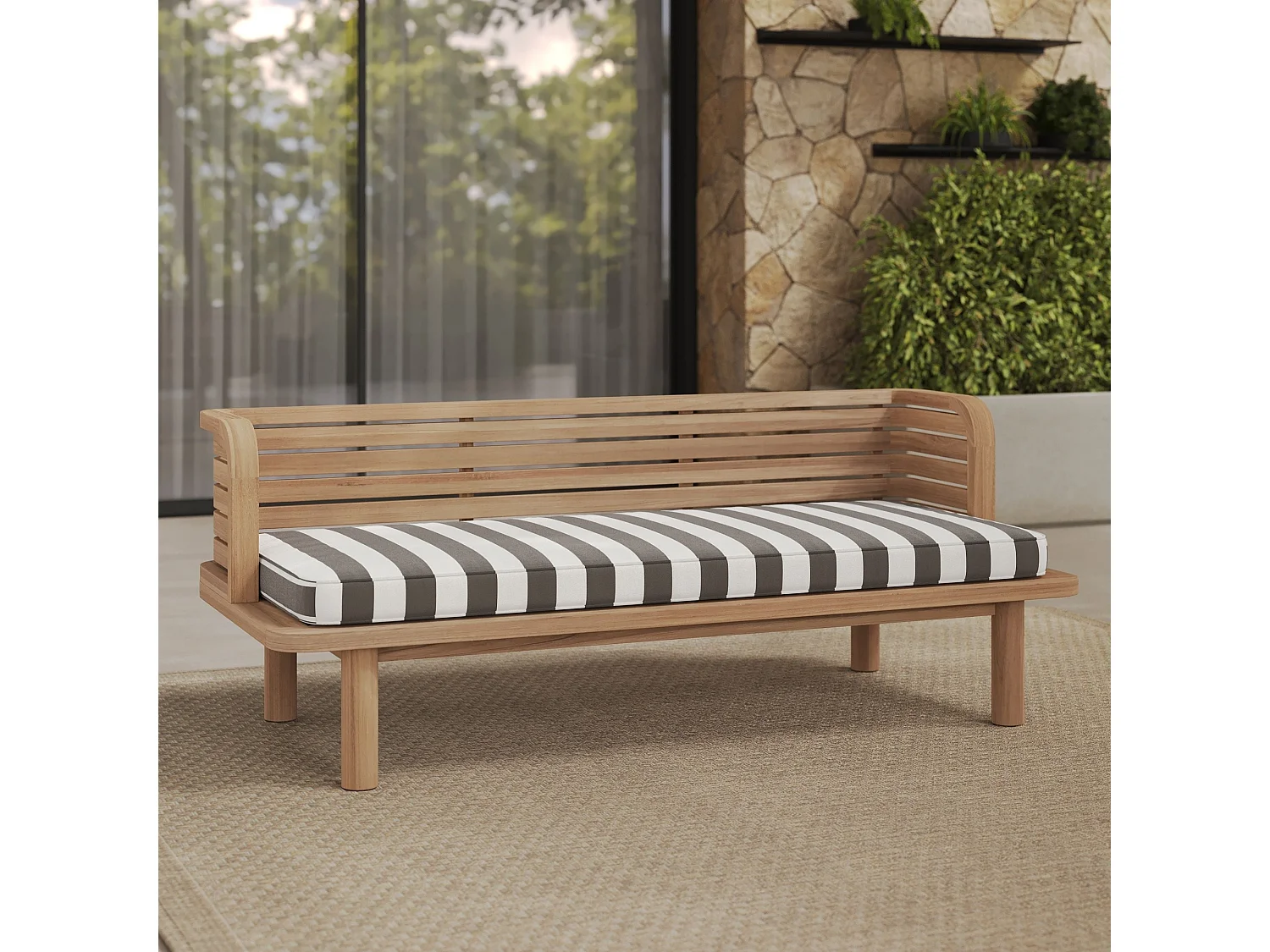 Divano da giardino in teak massello con cuscino a righe grigie 2 posti - Kilda