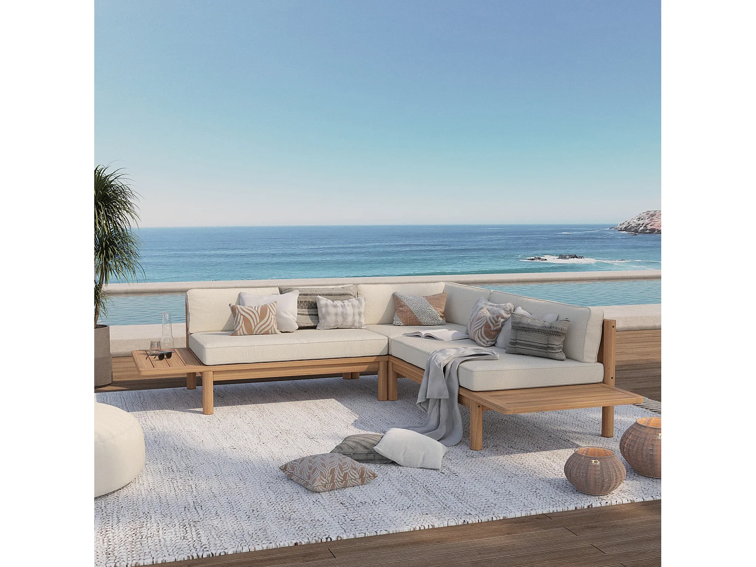 Divano angolare da giardino in teak massello e cuscini bianchi 4 posti - Nadila