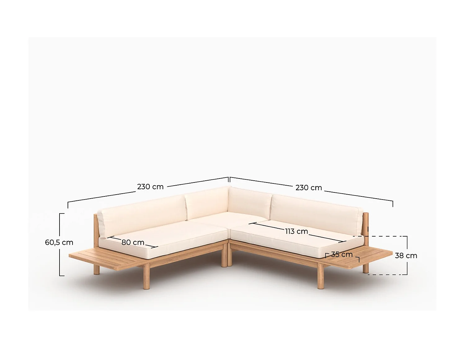 Divano angolare da giardino in teak massello e cuscini bianchi 4 posti - Nadila