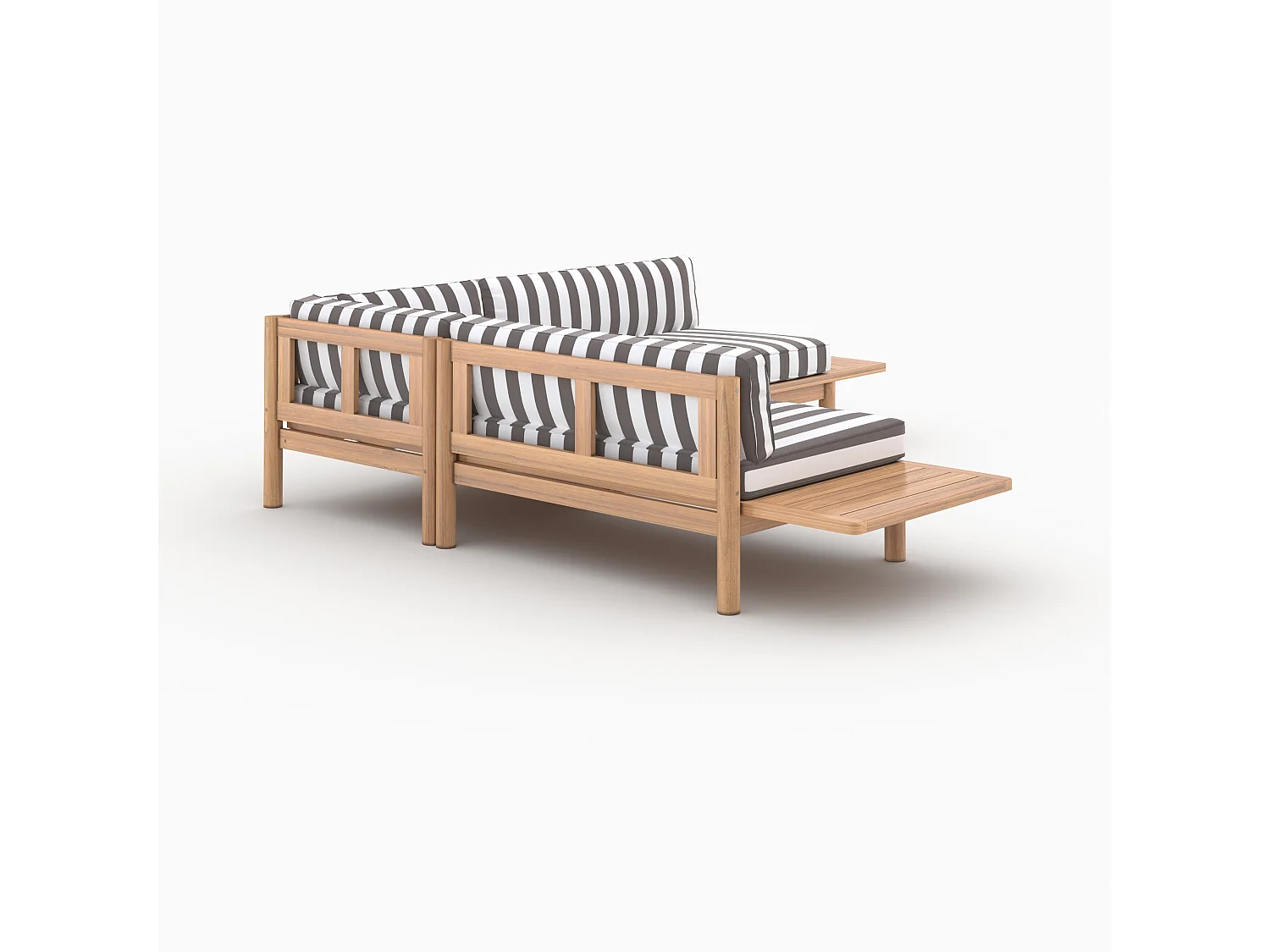 Divano angolare da giardino 4 posti in teak, cuscini grigi rigati - Nadila