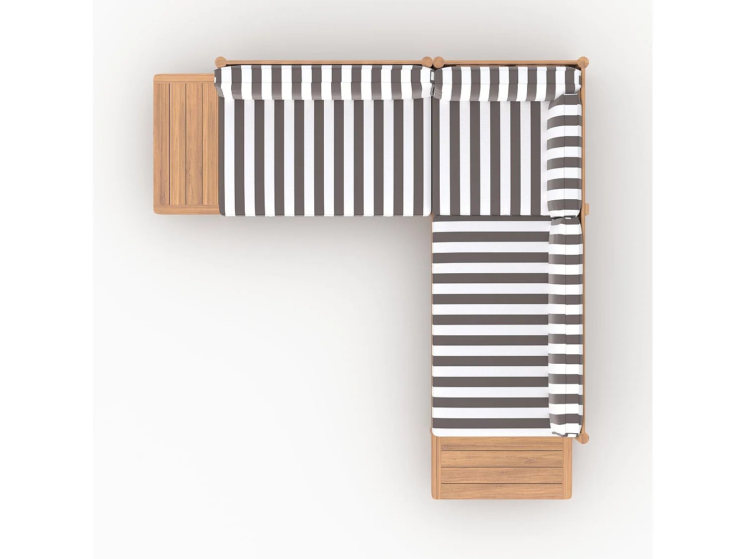 Divano angolare da giardino 4 posti in teak, cuscini grigi rigati - Nadila