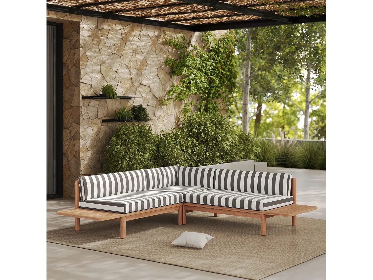 Sofá de esquina jardín teca maciza y cojines rayados 4 plazas - Nadila