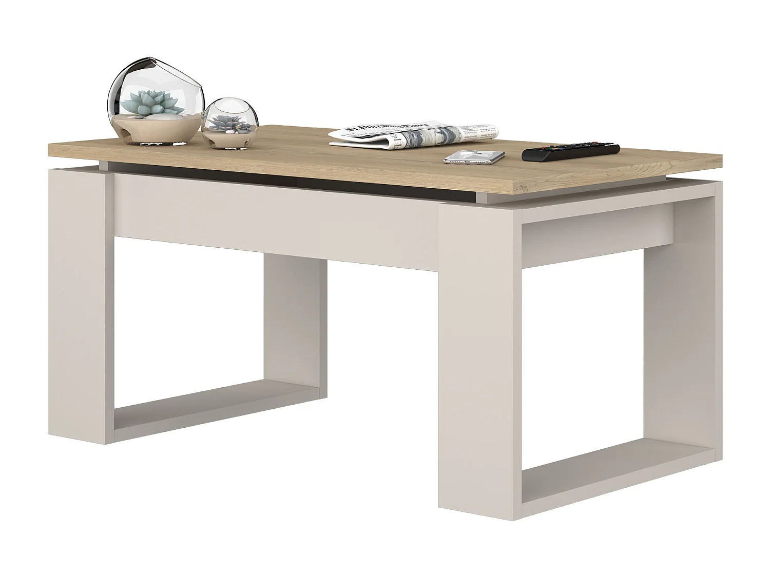 Mesa de centro elevable de 45x90x50 cm con almacenaje interior en torro y cashmere Rubi II