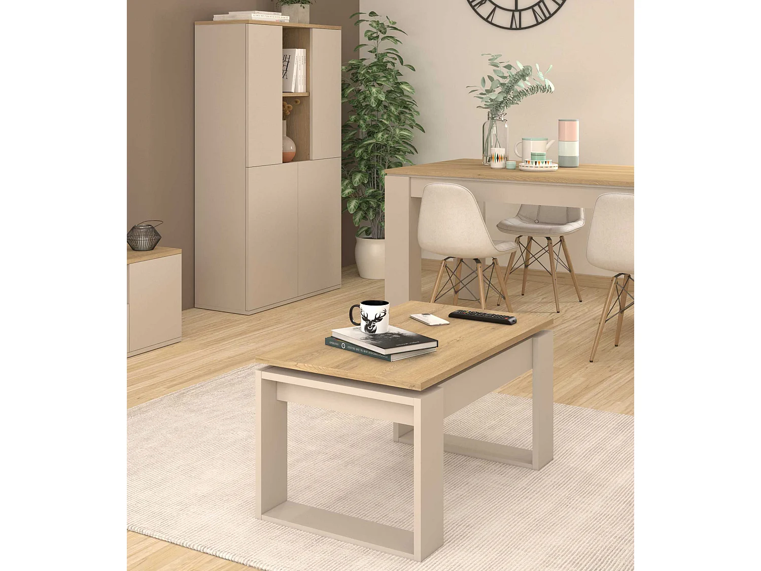 Mesa de centro elevable de 45x90x50 cm con almacenaje interior en roble y beige Rubi II
