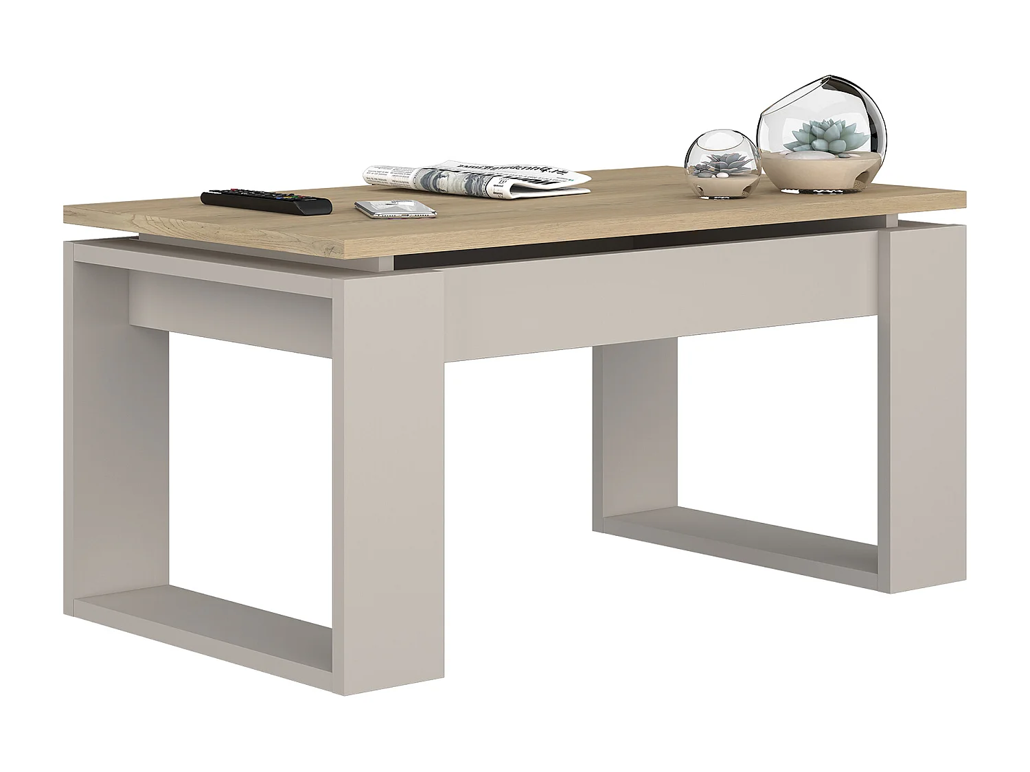 Mesa de centro elevable de 45x90x50 cm con almacenaje interior en roble y beige Rubi II