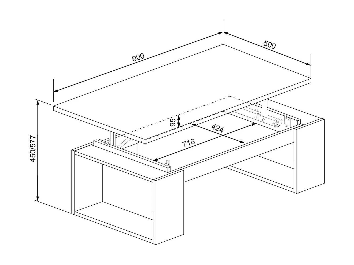 Mesa de centro elevable de 45x90x50 cm con almacenaje interior en roble y beige Rubi II