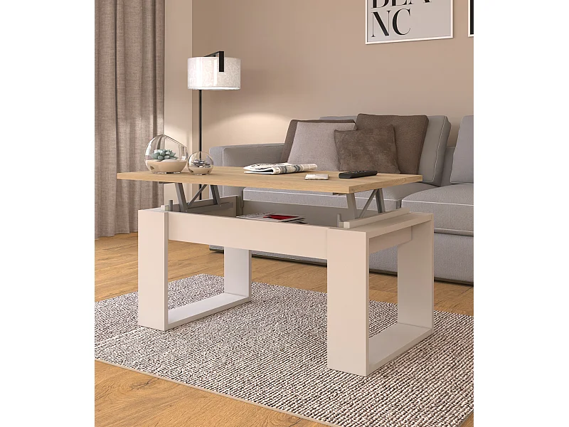 Mesa de centro elevable de 45x90x50 cm con almacenaje interior en torro y cashmere Rubi II