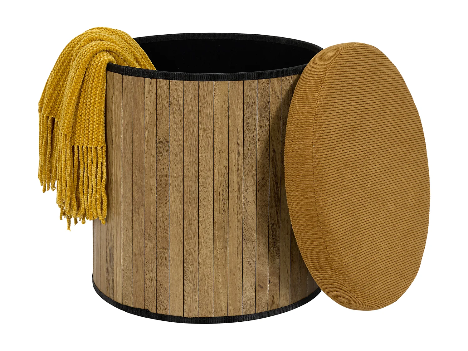 Pouf Rond - HOME DECO FACTORY - Jules - Côtelé - Jaune