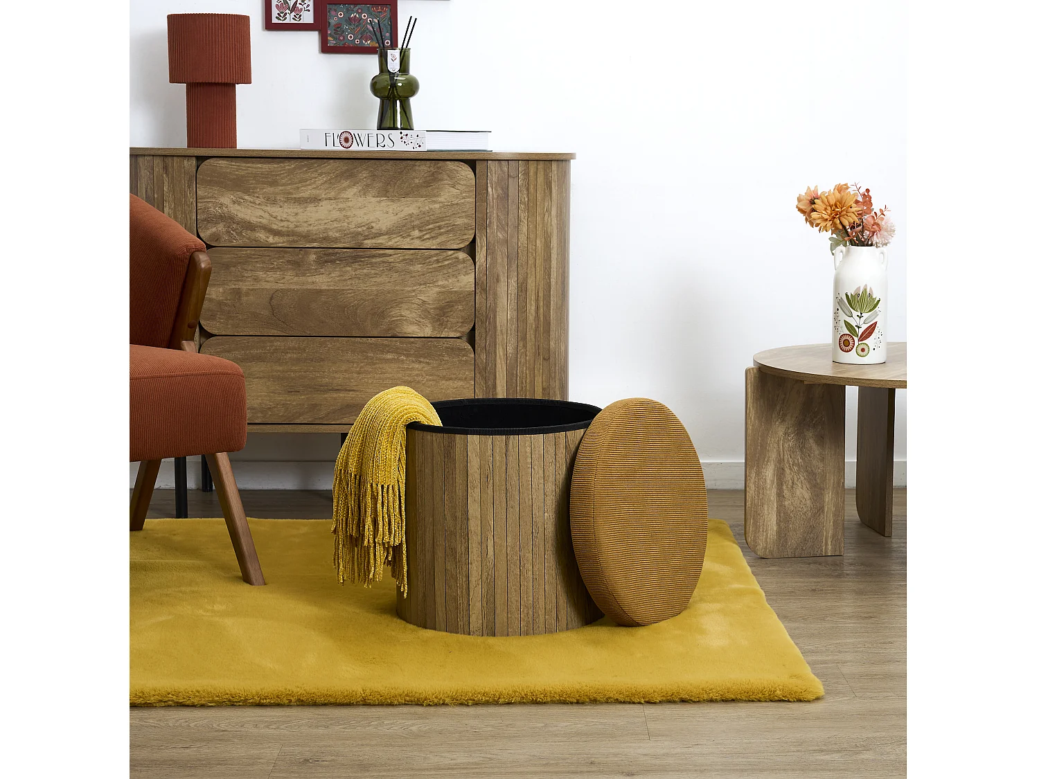 Pouf Rond - HOME DECO FACTORY - Jules - Côtelé - Jaune