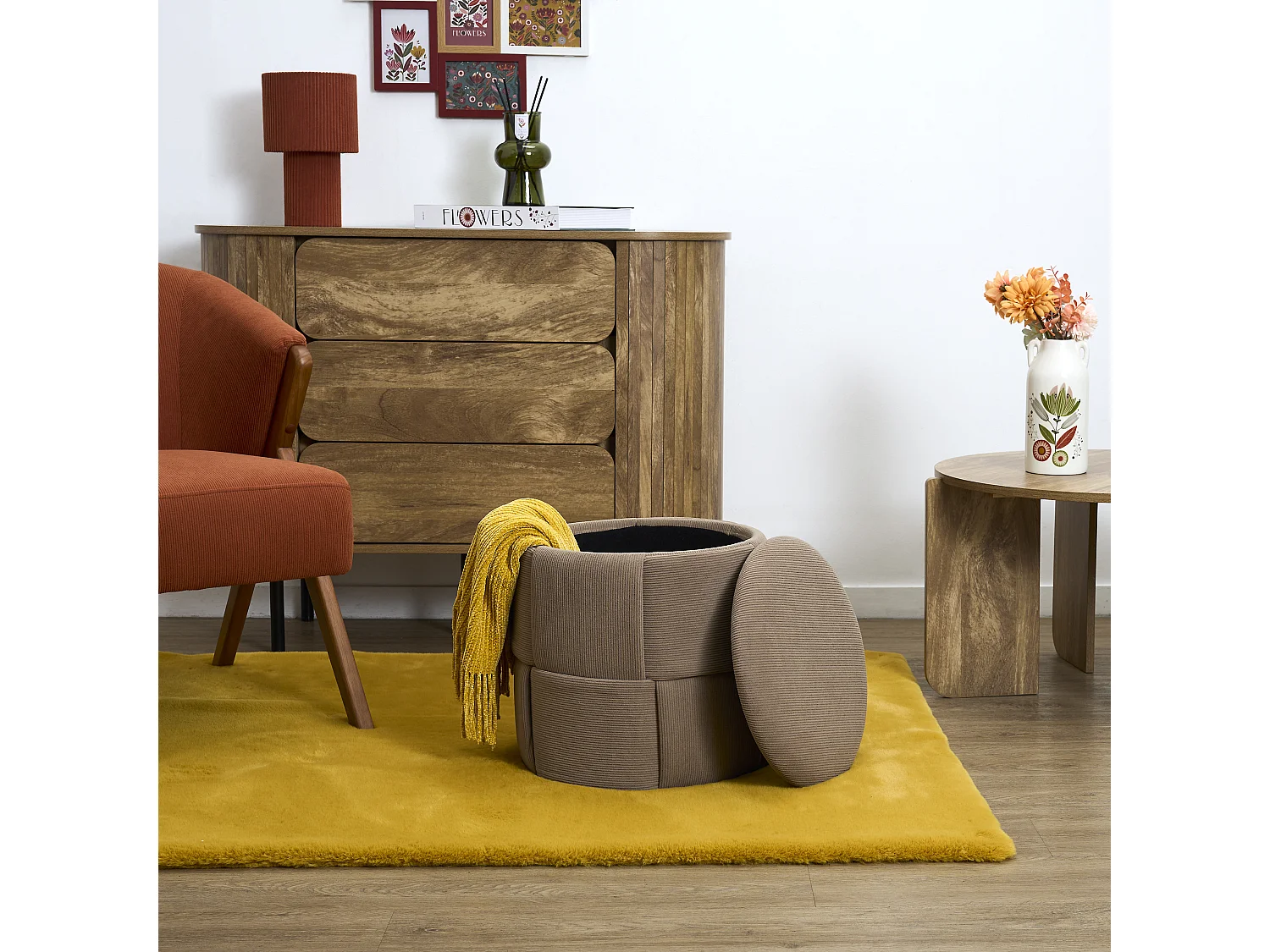 Pouf Rangement - HOME DECO FACTORY - Jules - Tressé - Côtelé - Taupe
