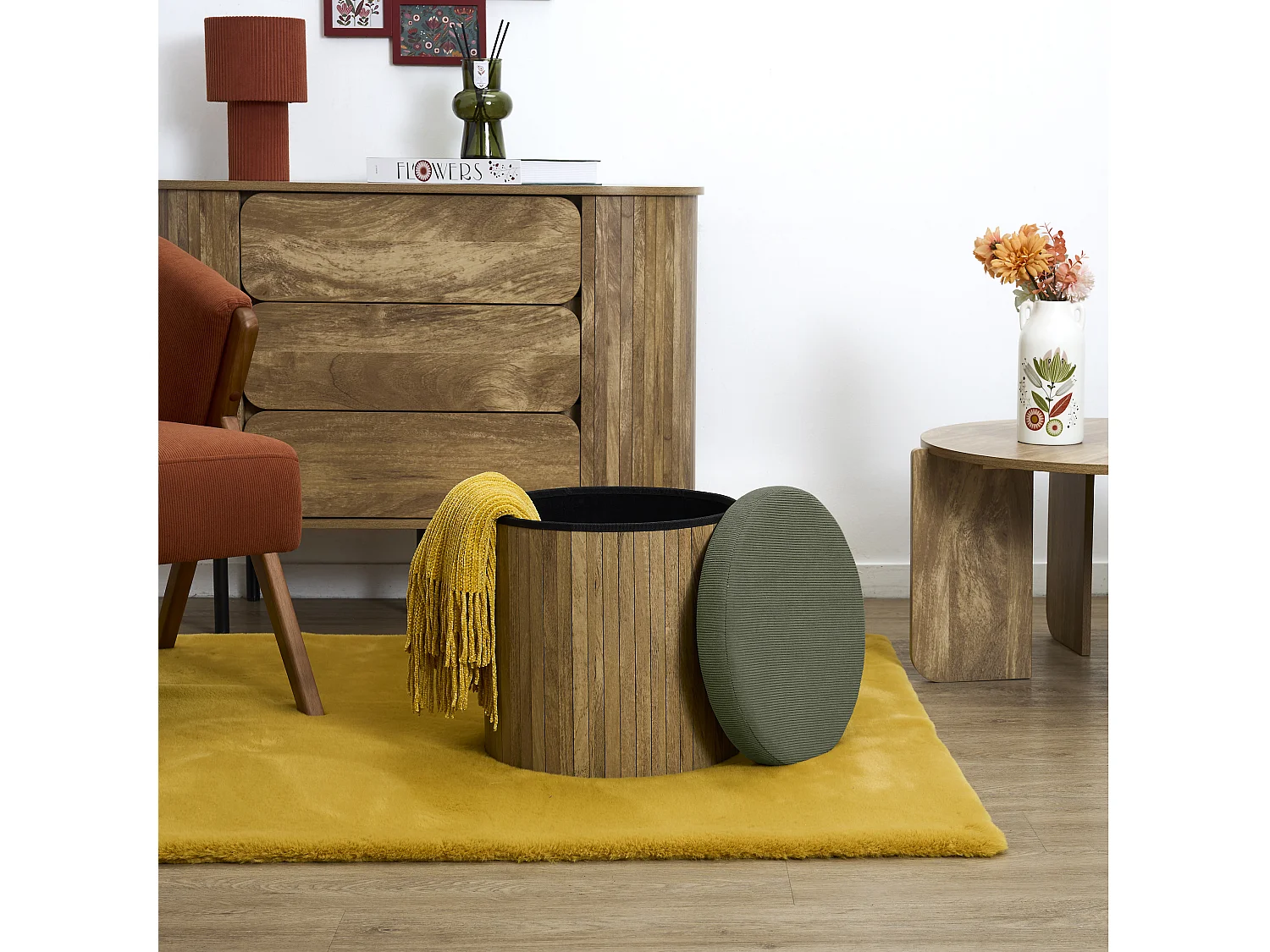 Pouf - HOME DECO FACTORY - Jules - Rond - Côtelé - Vert