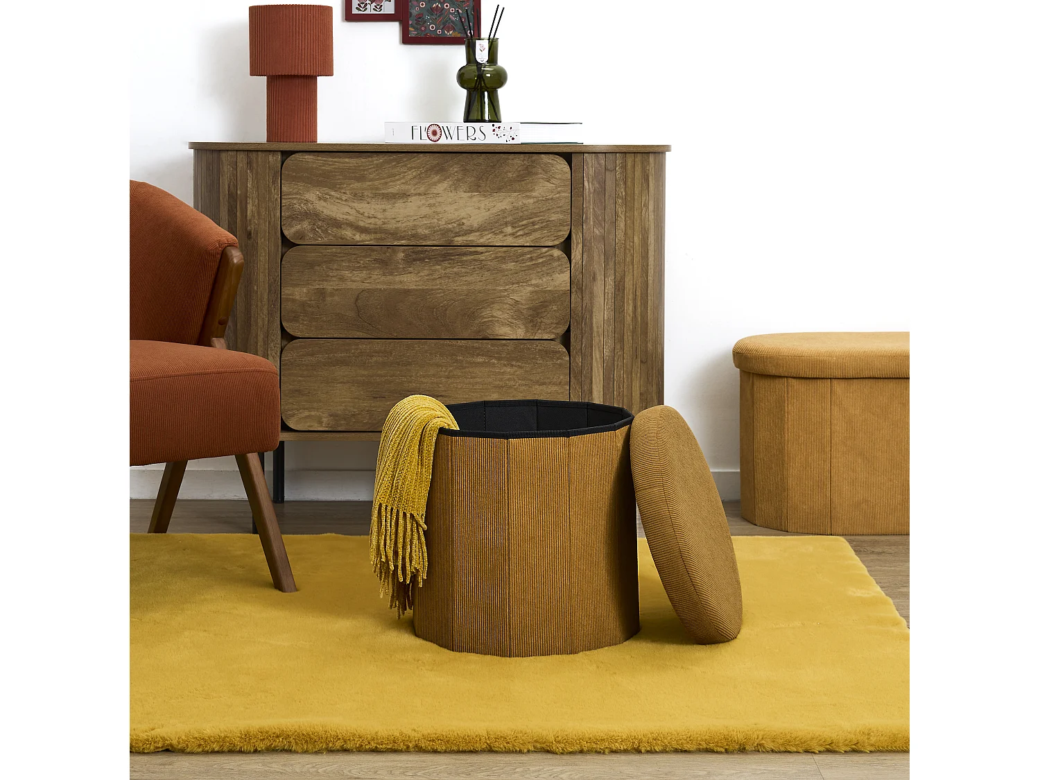 Coffre Pouf Pliable - HOME DECO FACTORY - Jules - Côtelé - Jaune