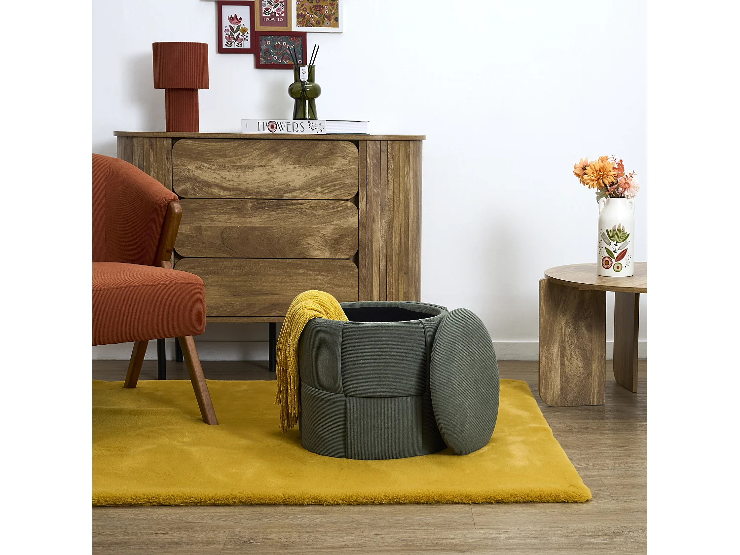 Pouf - HOME DECO FACTORY - Jules - Rangement - Tressé - Côtelé - Vert