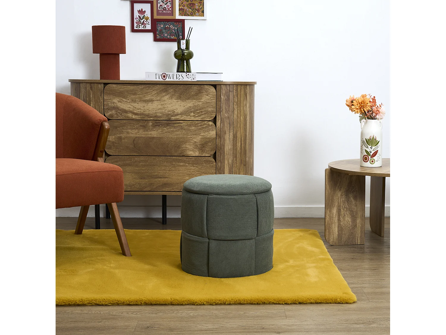 Pouf - HOME DECO FACTORY - Jules - Rangement - Tressé - Côtelé - Vert