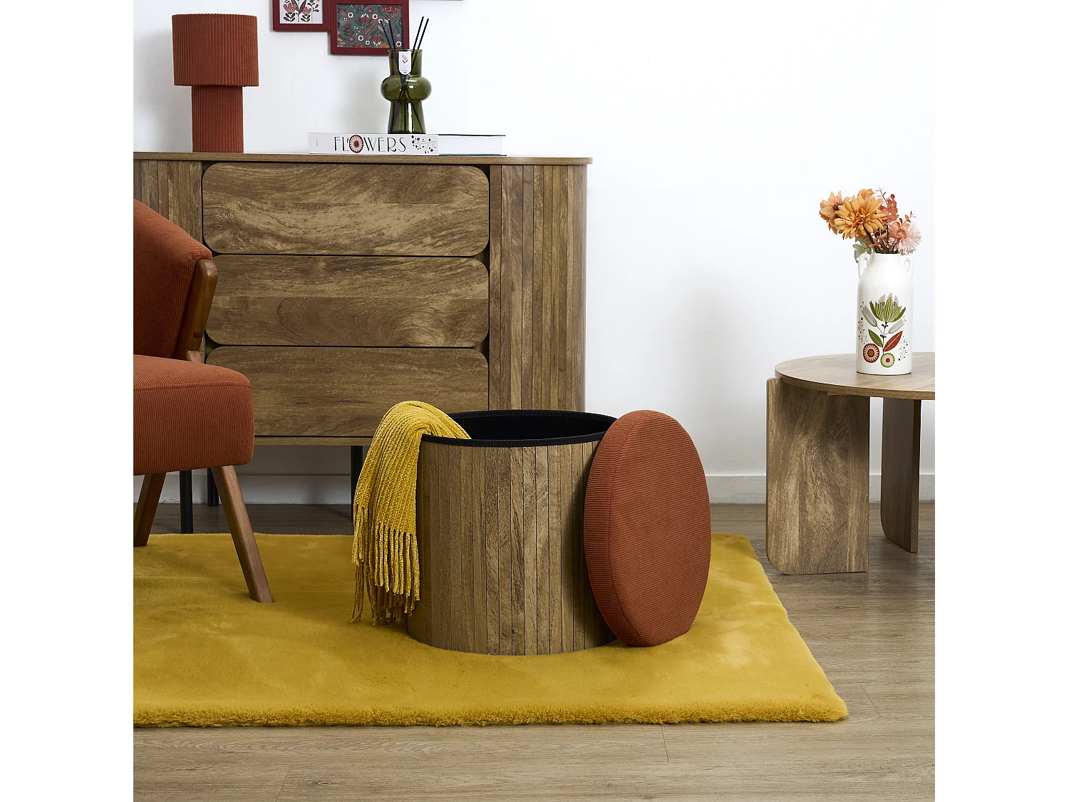 Pouf - HOME DECO FACTORY - Jules - Rond - Côtelé - Rouge