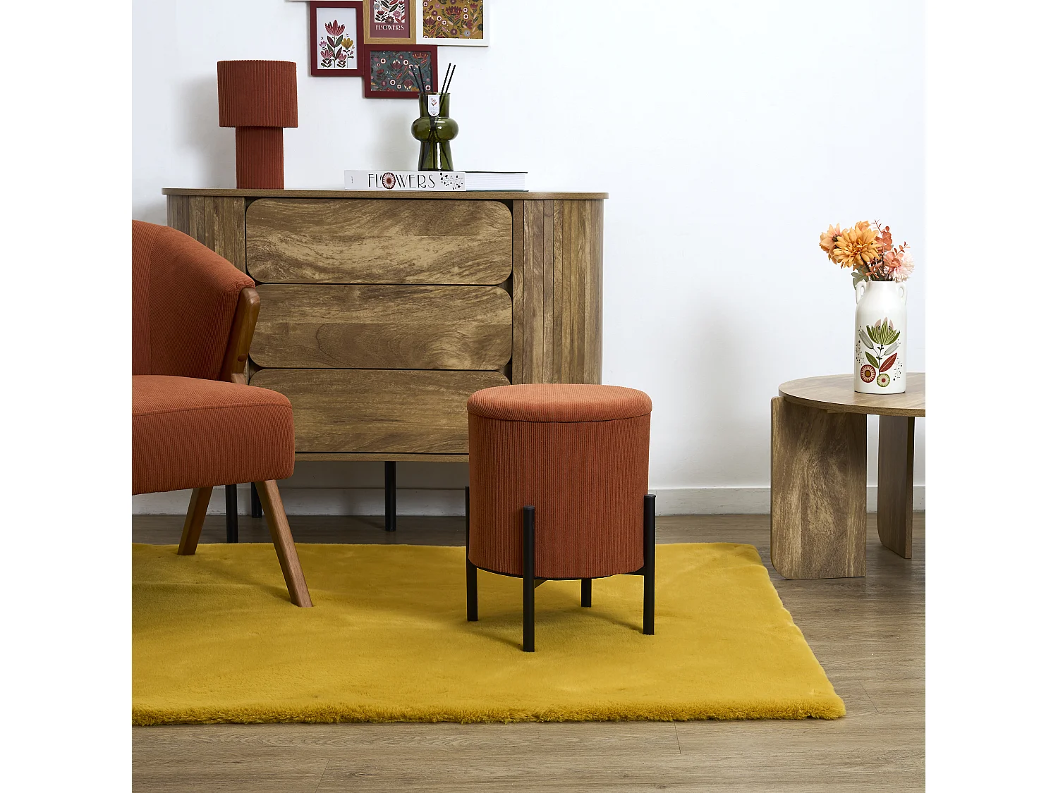 Lot de 4 Poufs - HOME DECO FACTORY - Jules - Rangement - Côtelé - Terracotta