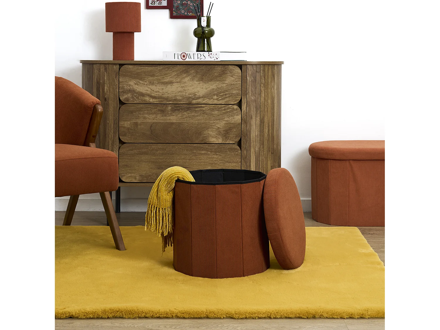Coffre Pouf Pliable - HOME DECO FACTORY - Jules - Côtelé - Terracotta