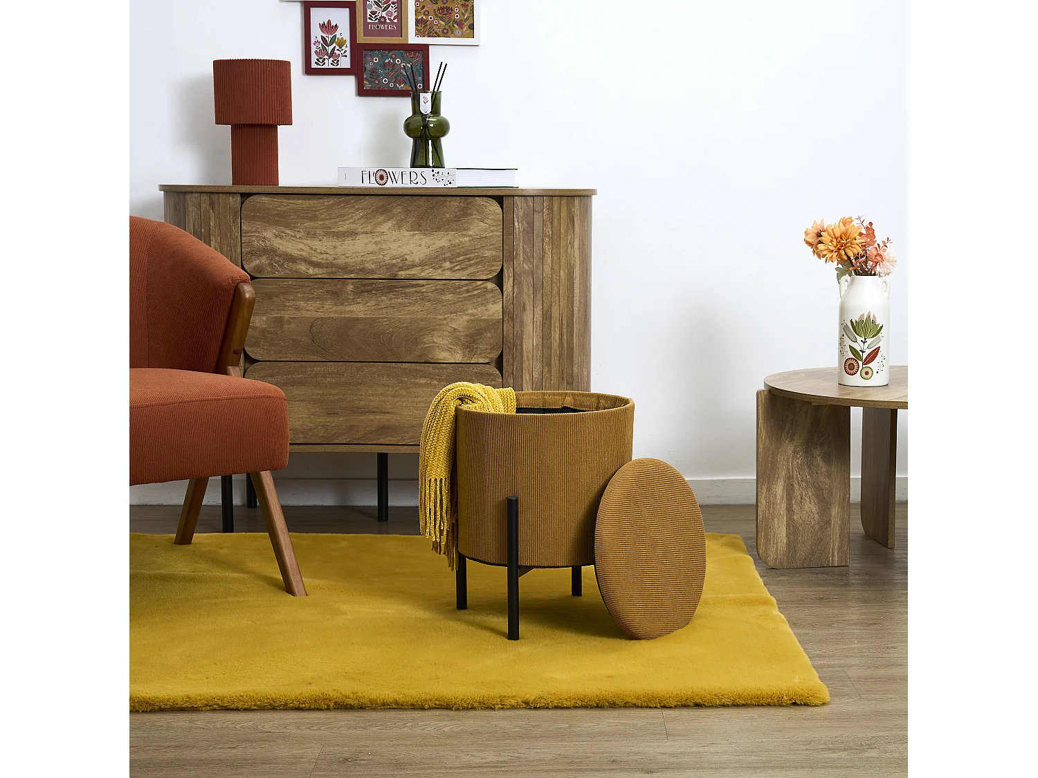 Lot de 4 Poufs - HOME DECO FACTORY - Jules - Rangement - Côtelé - Jaune