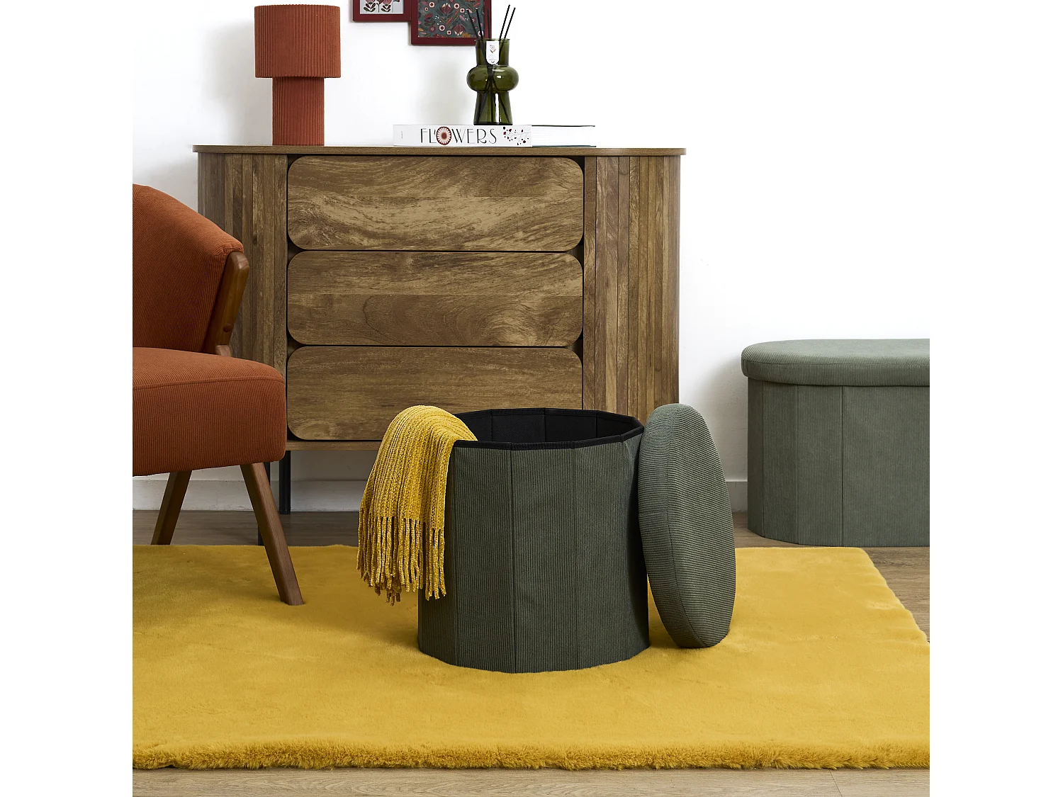 Coffre Pouf Pliable - HOME DECO FACTORY - Jules - Côtelé - Vert