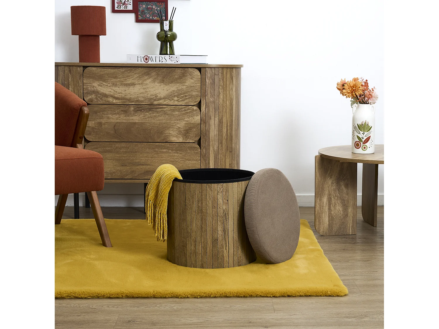Pouf - HOME DECO FACTORY - Jules - Pliable - Côtelé - Marron