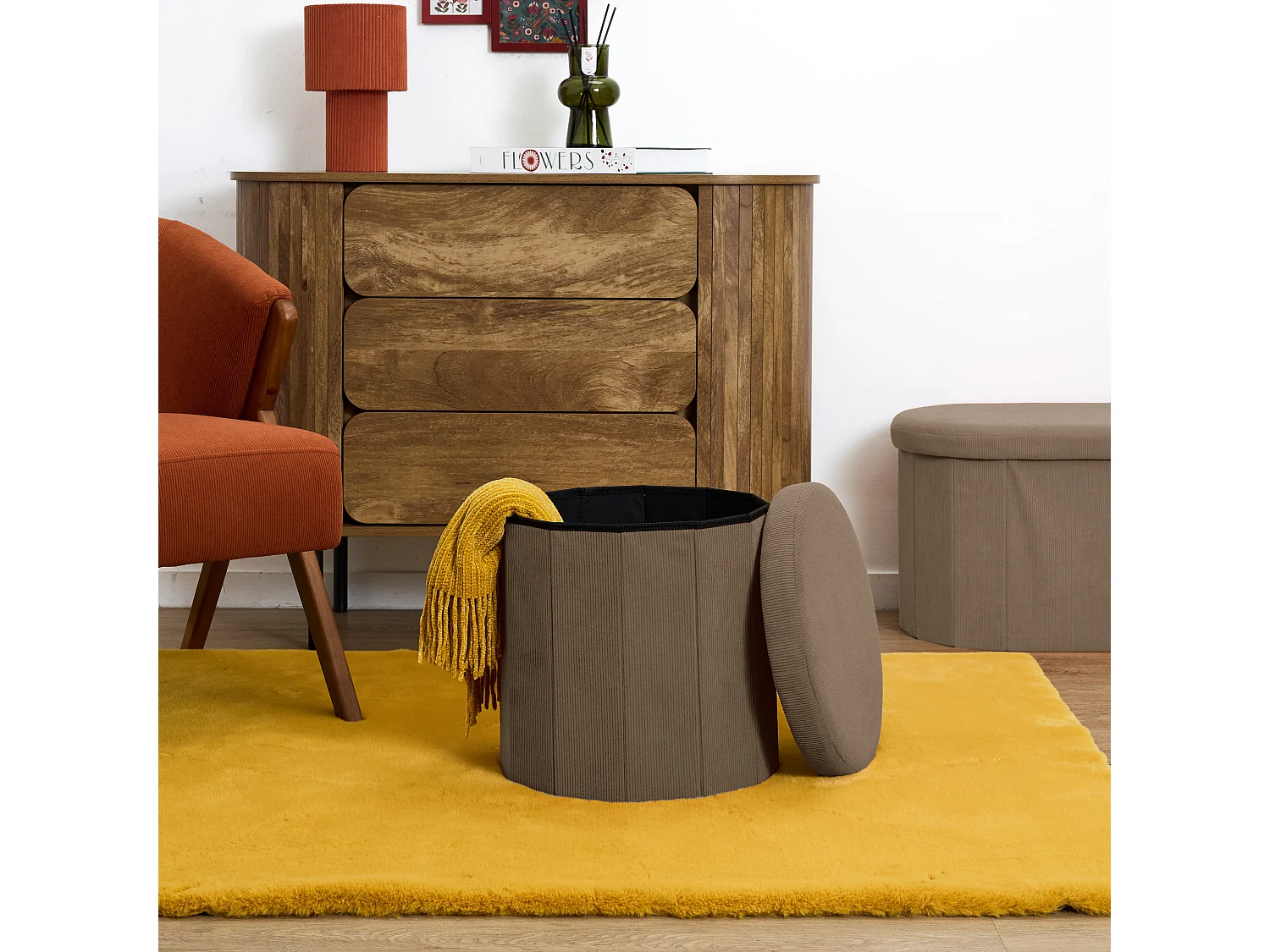 Coffre Pouf Pliable - HOME DECO FACTORY - Jules - Côtelé - Taupe