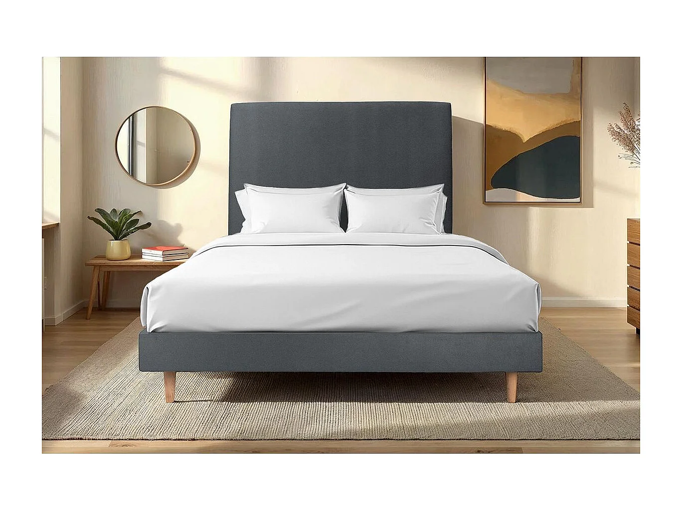 Lit 140x200cm avec tête de lit tapissier velours et sommier kit gris anthracite - Hauteur totale : 29cm