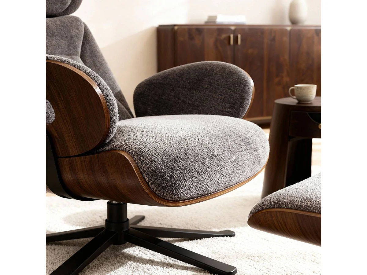 Fauteuil avec repose-pieds en tissu gris anthracite et bois foncé Elowen
