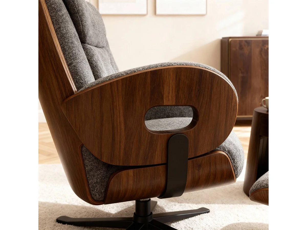 Fauteuil avec repose-pieds en tissu gris anthracite et bois foncé Elowen