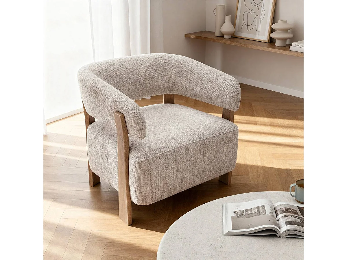 Fauteuil en tissu écru et bois de sapin Valena