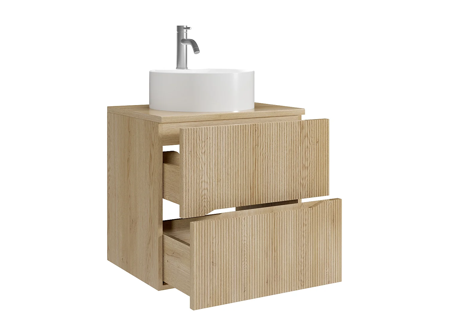 Meuble de salle de bain suspendu strié avec vasque à poser ronde et robinet - Naturel clair - 60 cm - ORISO