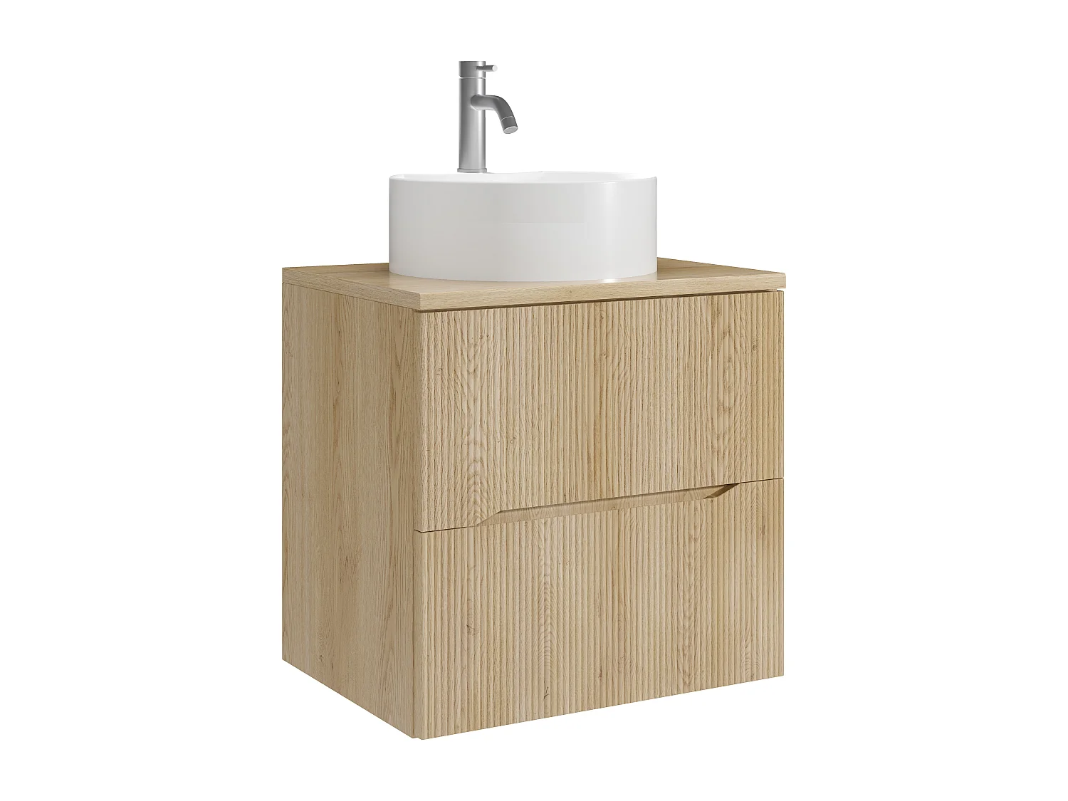 Meuble de salle de bain suspendu strié avec vasque à poser ronde et robinet - Naturel clair - 60 cm - ORISO
